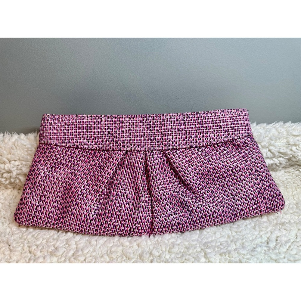 Lauren Merkin Pink Plaid Woven Clutch Pleated Evening Bag Designer Preppy 11" - Picture 3 of 12
